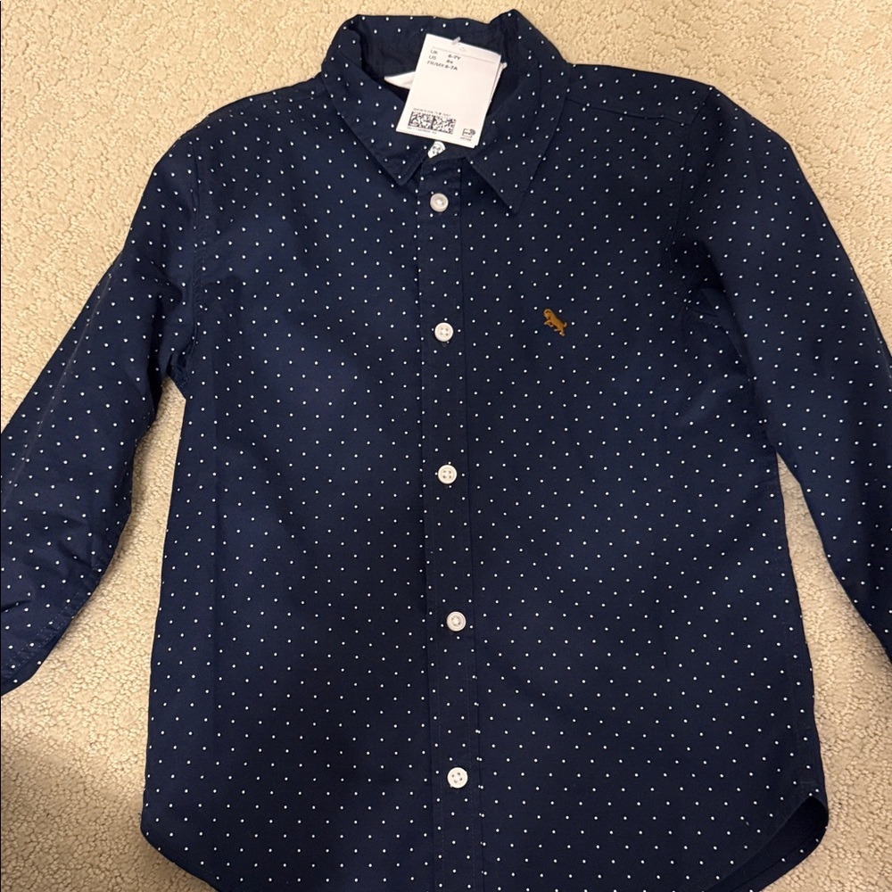 H&M Blue Polka Dot Kids Button Down Shirt NWT Size 6/7